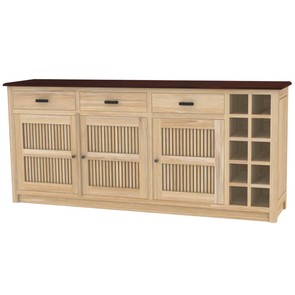 Massivholz Sideboard aus Plantagenteak mit integriertem Weinregal für 10 Flaschen, 3 Schwingtüren und 3 Schubladen