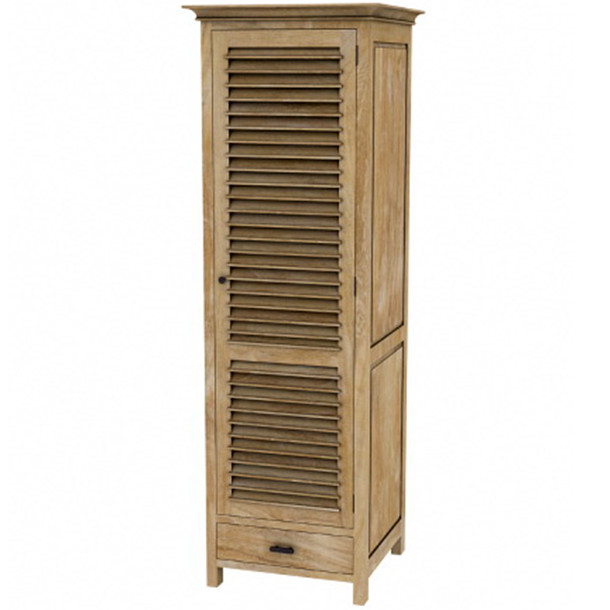 Teak Massivholz Schrank Deià mit 1 TUERE und einer Schublade im unteren Bereich, die Tuere ist in Shutter Optik gehalten, der Schrank fuer Kleider oder Garderobe verleiht dem Ambiente eine mediterranem Style, eine Schreiner Handarbeit aus unserer Manufaktur, als Mass Moebel ohne Aufpreis erhaeltlich, Moebel Design aus Massivholz Muenchen